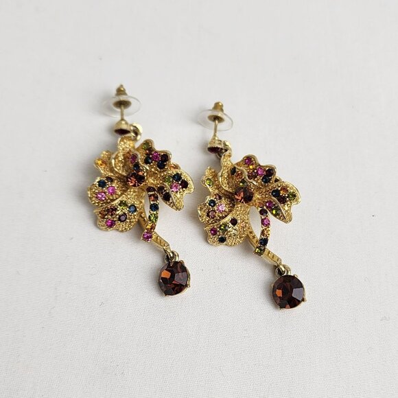 VTG Gold-Tone Floral Dangle Drop Earrings Multicolor Rhinestones Fall Fashion - Picture 7 of 10